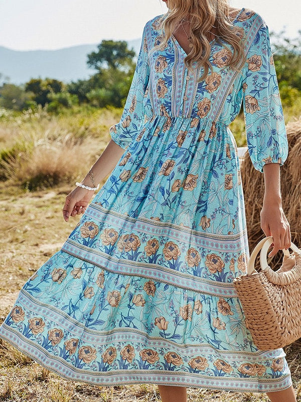 V-Neck High Waist Long Sleeve Bohemian Dress - Midi Dresses - INS | Online Fashion Free Shipping Clothing, Dresses, Tops, Shoes - 18/06/2021 - 30-40 - Category_Midi Dresses