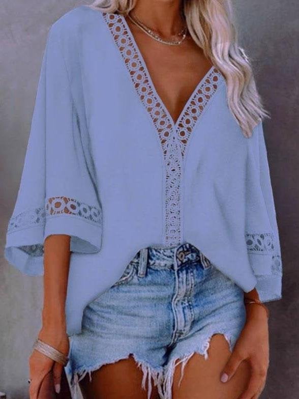 V-neck Hollow Mid-sleeve Lace Shirt - Blouses - INS | Online Fashion Free Shipping Clothing, Dresses, Tops, Shoes - 20-30 - 22/07/2021 - BLO2107221242