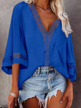 V-neck Hollow Mid-sleeve Lace Shirt - Blouses - INS | Online Fashion Free Shipping Clothing, Dresses, Tops, Shoes - 20-30 - 22/07/2021 - BLO2107221242