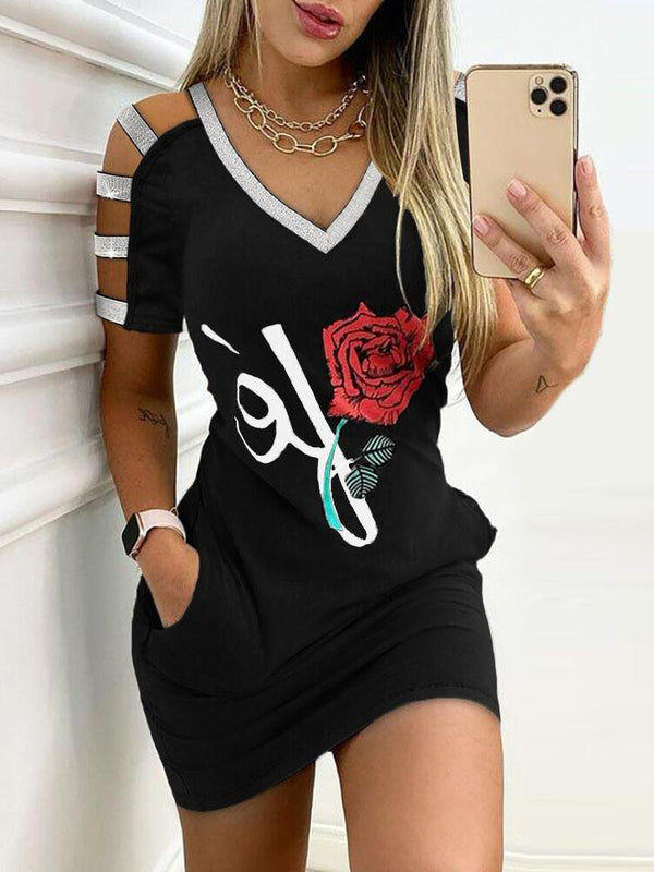 V-neck Hollow Short-sleeved Hip Dress - Mini Dresses - INS | Online Fashion Free Shipping Clothing, Dresses, Tops, Shoes - 14/07/2021 - 20-30 - color-black