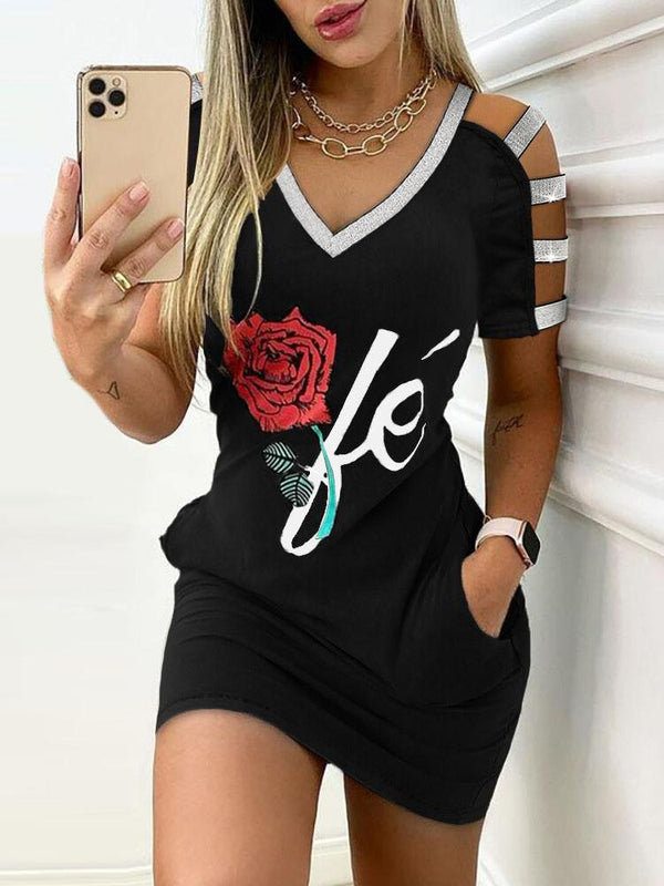 V-neck Hollow Short-sleeved Hip Dress - Mini Dresses - INS | Online Fashion Free Shipping Clothing, Dresses, Tops, Shoes - 14/07/2021 - 20-30 - color-black