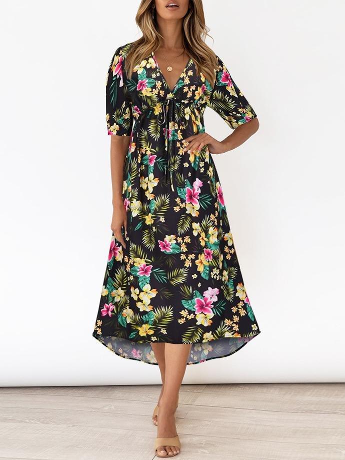 V-neck Irregular Printed Skirt - Midi Dresses - INS | Online Fashion Free Shipping Clothing, Dresses, Tops, Shoes - 21/06/2021 - 30-40 - color-black