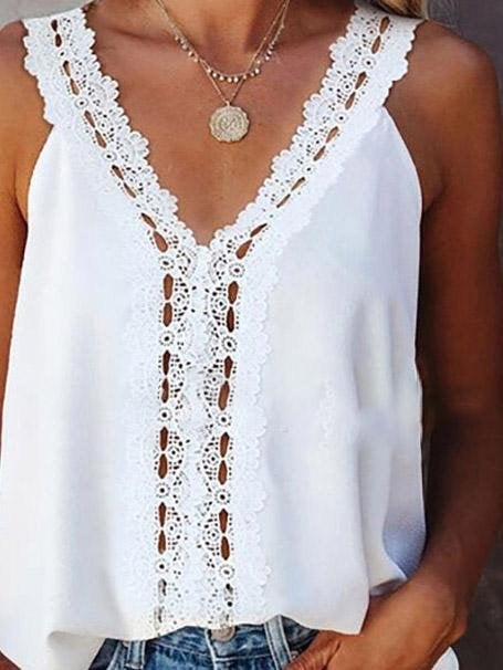 V-Neck Lace Hollow Stitching Sleeveless Vest - Tanks Tops - INS | Online Fashion Free Shipping Clothing, Dresses, Tops, Shoes - 10-20 - 30/07/2021 - Category_Tank Tops