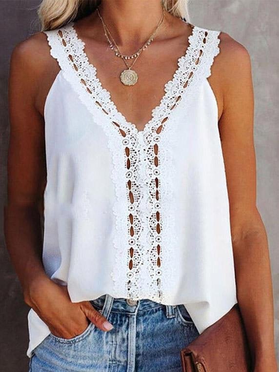 V-Neck Lace Hollow Stitching Sleeveless Vest - Tanks Tops - INS | Online Fashion Free Shipping Clothing, Dresses, Tops, Shoes - 10-20 - 30/07/2021 - Category_Tank Tops