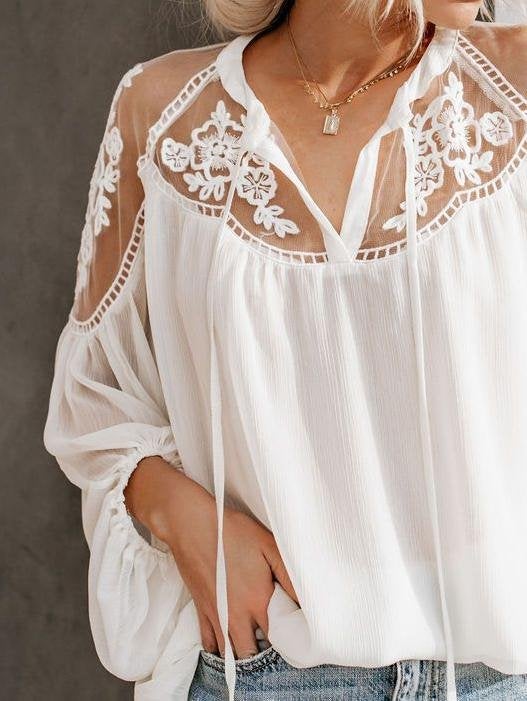 V-Neck Lace Long Sleeve Loose Blouses - Blouses - INS | Online Fashion Free Shipping Clothing, Dresses, Tops, Shoes - 11/06/2021 - BLO2106110091 - Category_Blouses