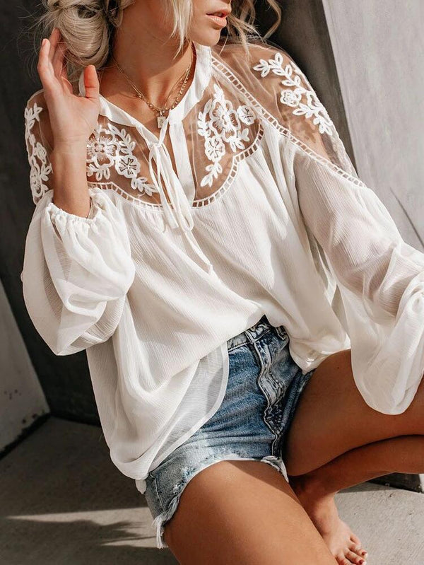 V-Neck Lace Long Sleeve Loose Blouses - Blouses - INS | Online Fashion Free Shipping Clothing, Dresses, Tops, Shoes - 11/06/2021 - BLO2106110091 - Category_Blouses