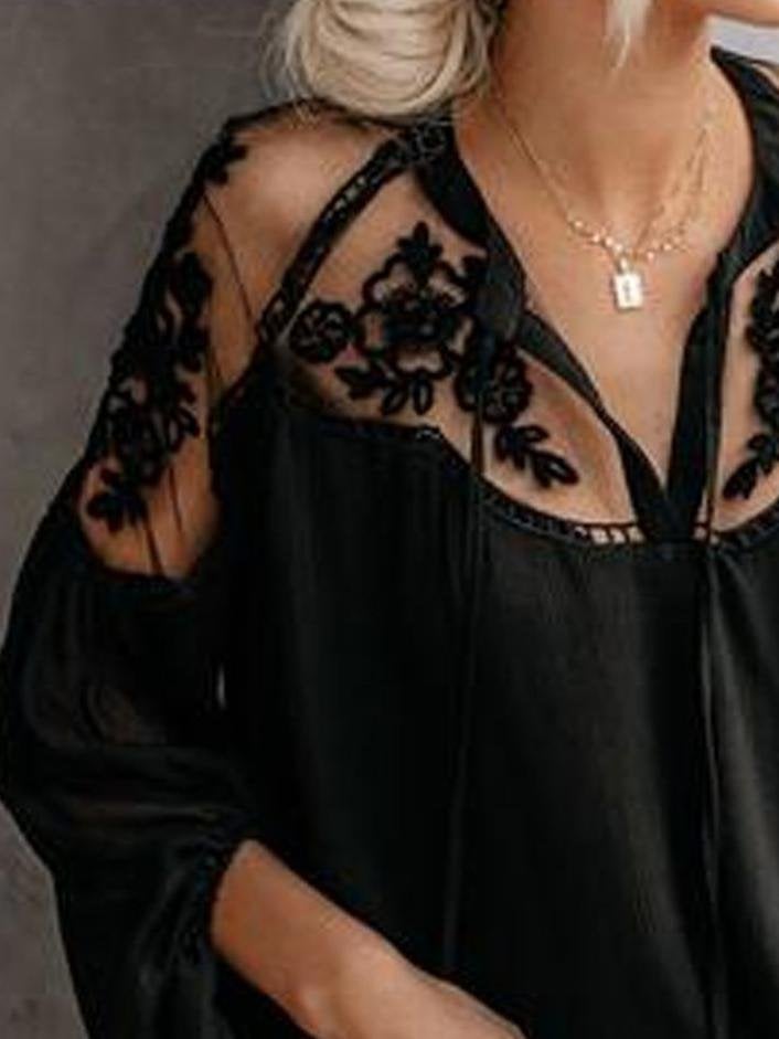 V-Neck Lace Long Sleeve Loose Blouses - Blouses - INS | Online Fashion Free Shipping Clothing, Dresses, Tops, Shoes - 11/06/2021 - BLO2106110091 - Category_Blouses