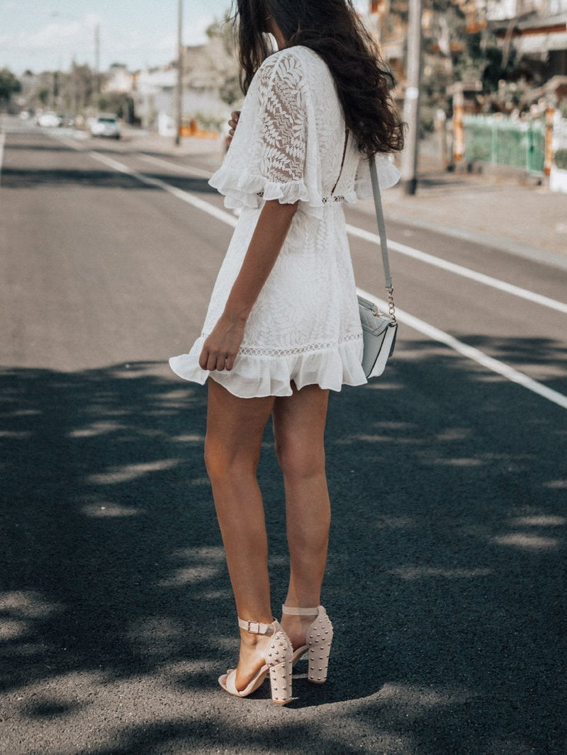 V-neck Lace Mid-sleeve Dress - Mini Dresses - INS | Online Fashion Free Shipping Clothing, Dresses, Tops, Shoes - 16/06/2021 - 30-40 - color-white