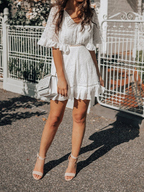 V-neck Lace Mid-sleeve Dress - Mini Dresses - INS | Online Fashion Free Shipping Clothing, Dresses, Tops, Shoes - 16/06/2021 - 30-40 - color-white