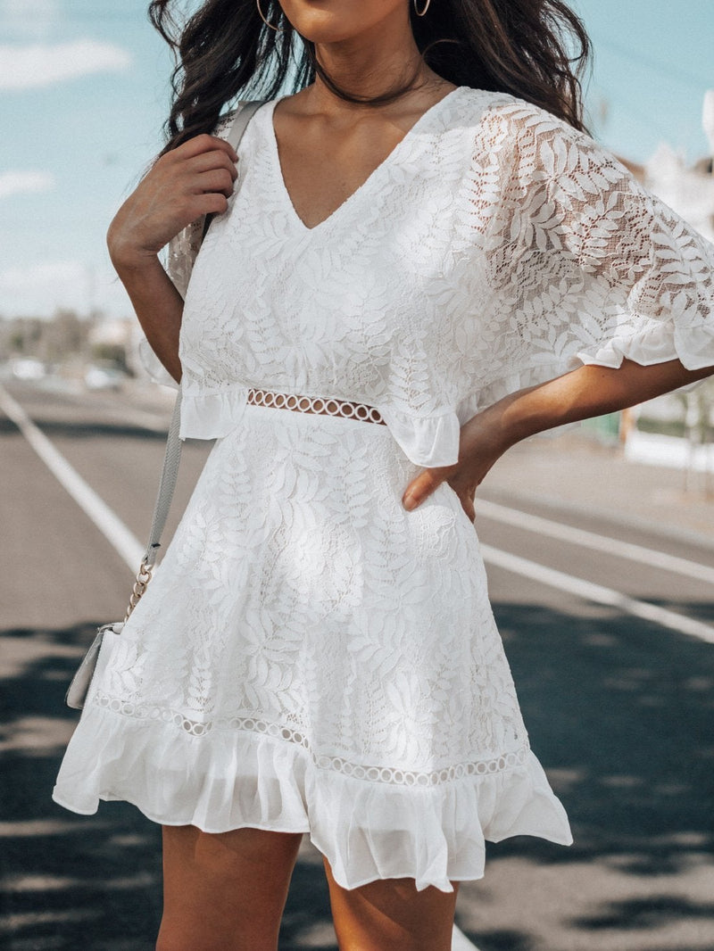 V-neck Lace Mid-sleeve Dress - Mini Dresses - INS | Online Fashion Free Shipping Clothing, Dresses, Tops, Shoes - 16/06/2021 - 30-40 - color-white