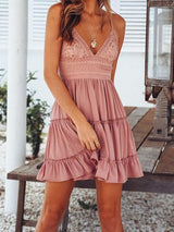 V-neck Lace Ruffled Strap Dress - Mini Dresses - INS | Online Fashion Free Shipping Clothing, Dresses, Tops, Shoes - 09/06/2021 - Color_Pink - Color_Red