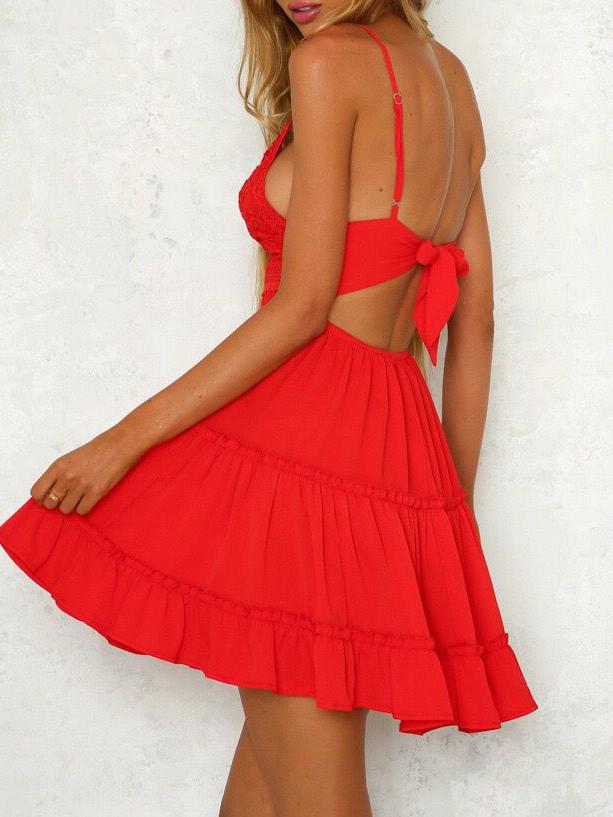 V-neck Lace Ruffled Strap Dress - Mini Dresses - INS | Online Fashion Free Shipping Clothing, Dresses, Tops, Shoes - 09/06/2021 - Color_Pink - Color_Red