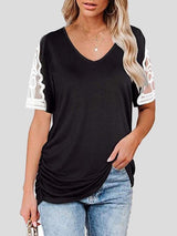 V-neck Lace Short Sleeve Pleated Top - T-shirts - INS | Online Fashion Free Shipping Clothing, Dresses, Tops, Shoes - 10-20 - 22/06/2021 - color-black