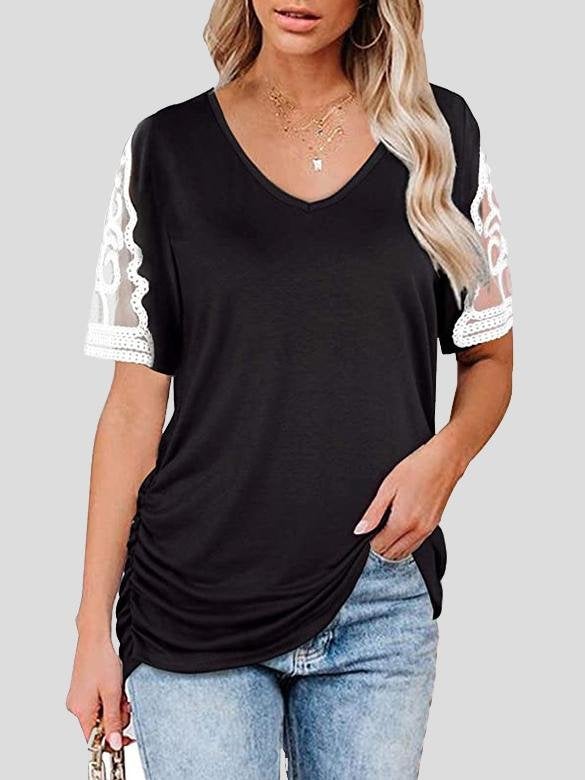 V-neck Lace Short Sleeve Pleated Top - T-shirts - INS | Online Fashion Free Shipping Clothing, Dresses, Tops, Shoes - 10-20 - 22/06/2021 - color-black