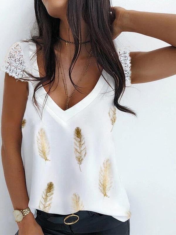 V-neck Lace Sleeves Leaf Print T-Shirts - T-shirts - INS | Online Fashion Free Shipping Clothing, Dresses, Tops, Shoes - 31/05/2021 - Color_White - LXQ