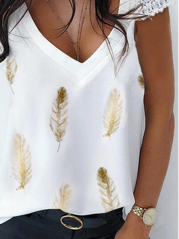 V-neck Lace Sleeves Leaf Print T-Shirts - T-shirts - INS | Online Fashion Free Shipping Clothing, Dresses, Tops, Shoes - 31/05/2021 - Color_White - LXQ