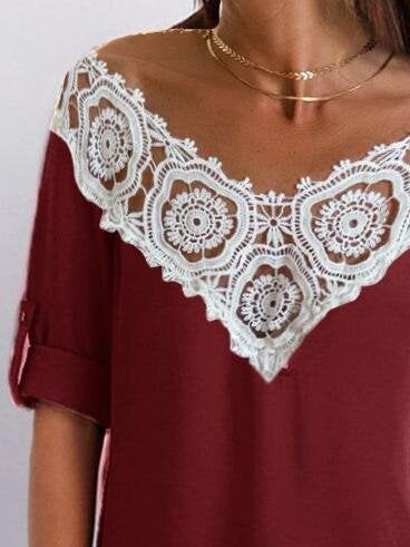 V-Neck Lace Stitching Hollow Three-Quarter Sleeves T-Shirts - T-Shirts - INS | Online Fashion Free Shipping Clothing, Dresses, Tops, Shoes - 20-30 - 25/06/2021 - Category_T-Shirts