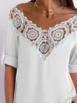 V-Neck Lace Stitching Hollow Three-Quarter Sleeves T-Shirts - T-Shirts - INS | Online Fashion Free Shipping Clothing, Dresses, Tops, Shoes - 20-30 - 25/06/2021 - Category_T-Shirts