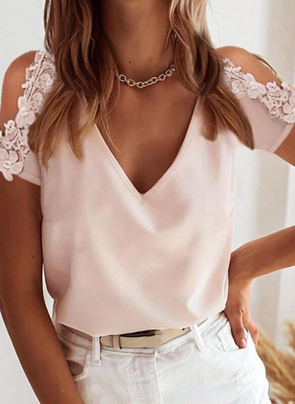 V-neck Lace Stitching Short-sleeved Blouses - Blouses - INS | Online Fashion Free Shipping Clothing, Dresses, Tops, Shoes - 31/05/2021 - BLO210531293 - Blouses