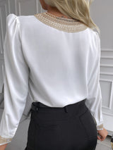 V Neck Lace Trim Long Sleeve Top - Blouses - INS | Online Fashion Free Shipping Clothing, Dresses, Tops, Shoes - 29/04/2021 - BLO210429030 - Blouses