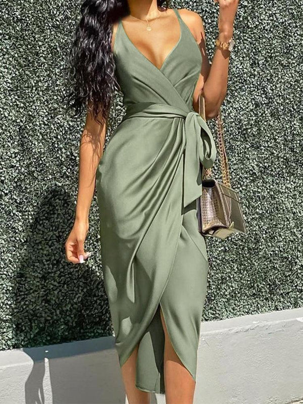 V-neck Lace-up Irregular Sling Dress - Midi Dresses - INS | Online Fashion Free Shipping Clothing, Dresses, Tops, Shoes - 26/07/2021 - 30-40 - color-green