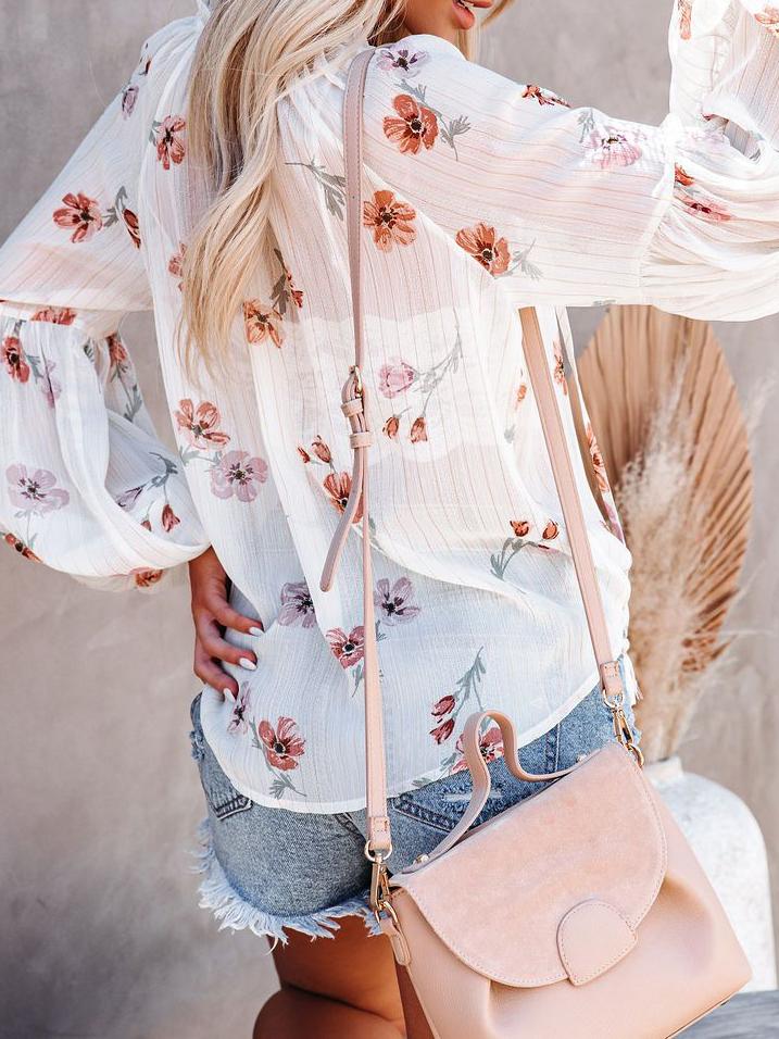 V-neck Lantern Sleeve Chiffon Print See Through Blouse - Blouses - INS | Online Fashion Free Shipping Clothing, Dresses, Tops, Shoes - 20/07/2021 - 30-40 - BLO2107201214