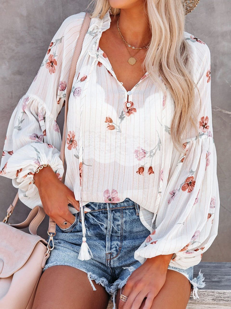 V-neck Lantern Sleeve Chiffon Print See Through Blouse - Blouses - INS | Online Fashion Free Shipping Clothing, Dresses, Tops, Shoes - 20/07/2021 - 30-40 - BLO2107201214