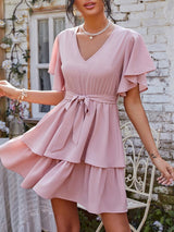 V Neck Layered Hem Belted Mini Dress - Mini Dresses - INS | Online Fashion Free Shipping Clothing, Dresses, Tops, Shoes - 15/04/2021 - 1504V3 - Color_Pink