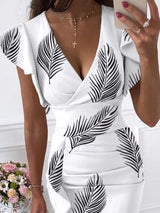 V-Neck Leaf Print Short Sleeve Ruffle Dress - Midi Dresses - INS | Online Fashion Free Shipping Clothing, Dresses, Tops, Shoes - 20-30 - 25/06/2021 - Category_Mini Dresses