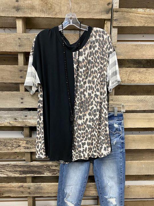 V-Neck Leopard Print Casual T-Shirt - INS | Online Fashion Free Shipping Clothing, Dresses, Tops, Shoes