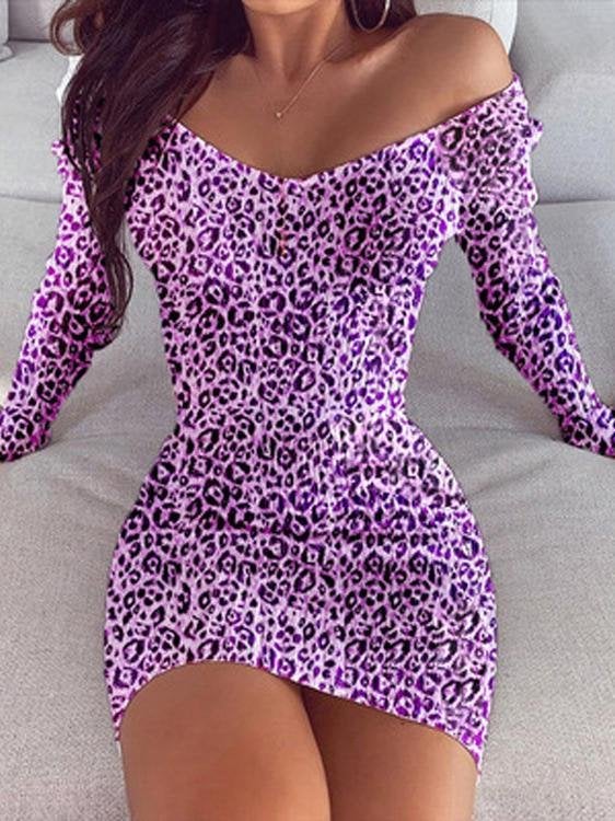 V-neck Leopard Print Long Sleeve Bodycon Dress - Mini Dresses - INS | Online Fashion Free Shipping Clothing, Dresses, Tops, Shoes - 10-20 - 19/06/2021 - color-blue