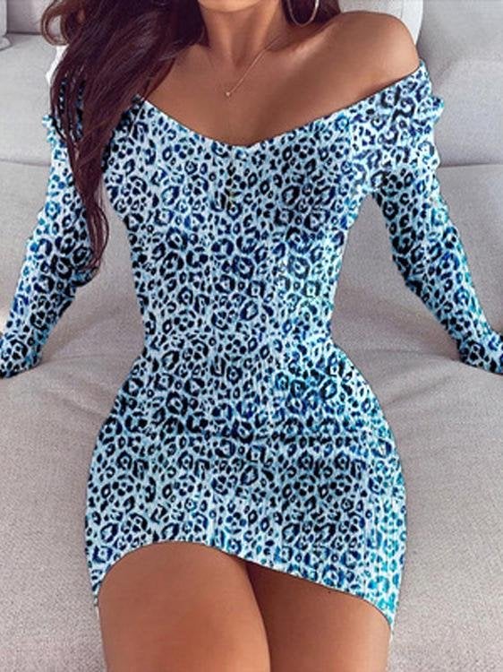 V-neck Leopard Print Long Sleeve Bodycon Dress - Mini Dresses - INS | Online Fashion Free Shipping Clothing, Dresses, Tops, Shoes - 10-20 - 19/06/2021 - color-blue