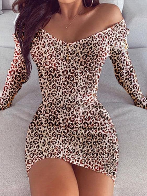 V-neck Leopard Print Long Sleeve Bodycon Dress - Mini Dresses - INS | Online Fashion Free Shipping Clothing, Dresses, Tops, Shoes - 10-20 - 19/06/2021 - color-blue