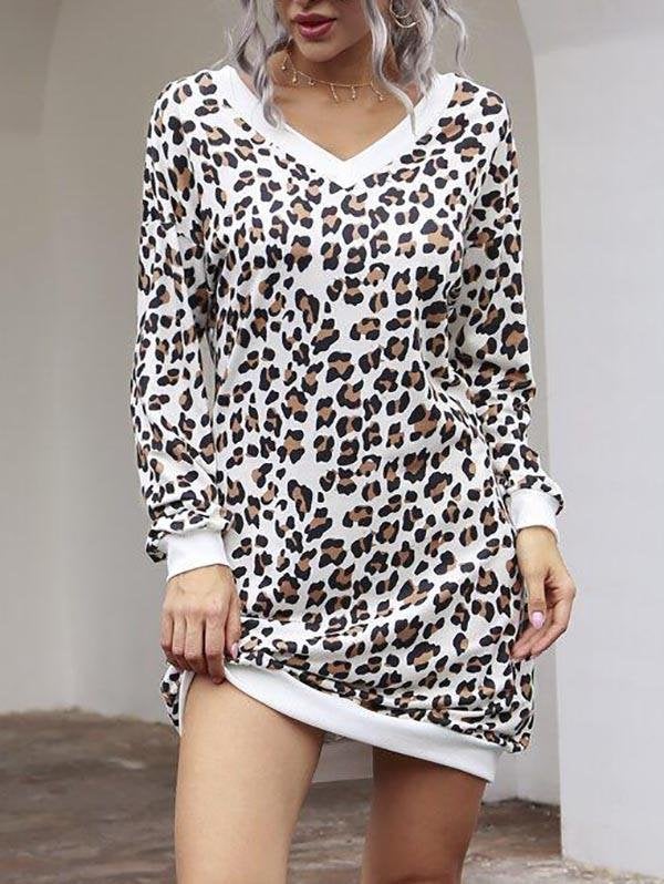 V-neck Leopard Print Sweatshirt Dress - Dresses - INS | Online Fashion Free Shipping Clothing, Dresses, Tops, Shoes - 02/03/2021 - Casual Dresses - Daily