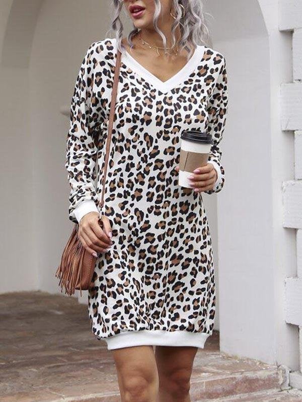 V-neck Leopard Print Sweatshirt Dress - Dresses - INS | Online Fashion Free Shipping Clothing, Dresses, Tops, Shoes - 02/03/2021 - Casual Dresses - Daily