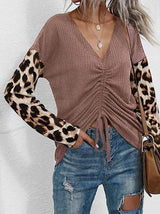 V Neck Leopard Sleeve Cinched Front Knitwear - Sweaters - INS | Online Fashion Free Shipping Clothing, Dresses, Tops, Shoes - 02/07/2021 - Autumn - Brown
