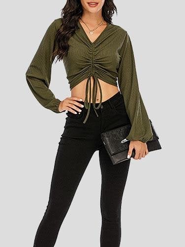 V-neck Long Sleeve Drawstring Top - T-shirts - INS | Online Fashion Free Shipping Clothing, Dresses, Tops, Shoes - 10-20 - 19/07/2021 - color-black