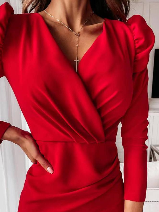 V-Neck Long Sleeve Slim Puff Sleeve Dress - Mini Dresses - INS | Online Fashion Free Shipping Clothing, Dresses, Tops, Shoes - 01/07/2021 - 20-30 - Category_Mini Dresses