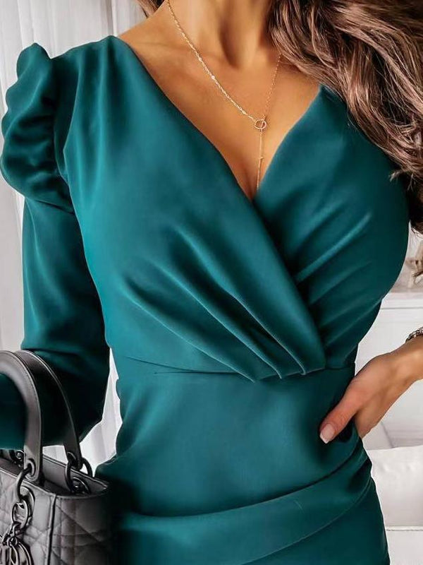 V-Neck Long Sleeve Slim Puff Sleeve Dress - Mini Dresses - INS | Online Fashion Free Shipping Clothing, Dresses, Tops, Shoes - 01/07/2021 - 20-30 - Category_Mini Dresses