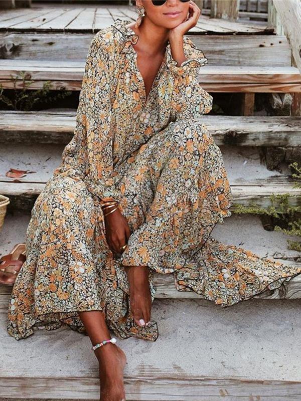 V-neck Long-sleeved Casual Floral Big Swing Dress - Maxi Dresses - INS | Online Fashion Free Shipping Clothing, Dresses, Tops, Shoes - 20/07/2021 - color-yellow - Color_Yellow