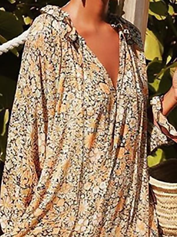 V-neck Long-sleeved Casual Floral Big Swing Dress - Maxi Dresses - INS | Online Fashion Free Shipping Clothing, Dresses, Tops, Shoes - 20/07/2021 - color-yellow - Color_Yellow