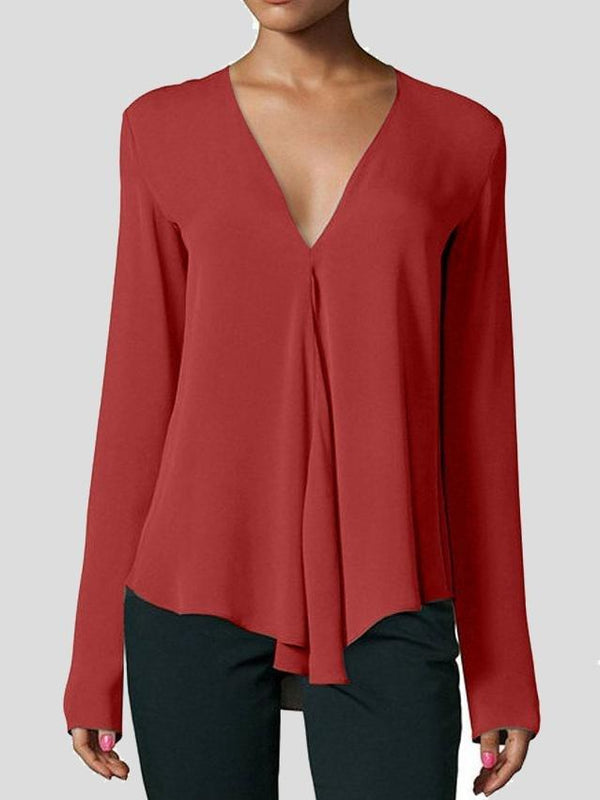 V-neck Long-sleeved Chiffon Solid Blouse - Blouses - INS | Online Fashion Free Shipping Clothing, Dresses, Tops, Shoes - 03/07/2021 - BLO2107031157 - Blouses