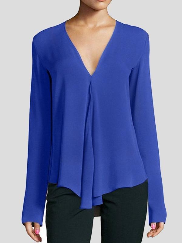 V-neck Long-sleeved Chiffon Solid Blouse - Blouses - INS | Online Fashion Free Shipping Clothing, Dresses, Tops, Shoes - 03/07/2021 - BLO2107031157 - Blouses