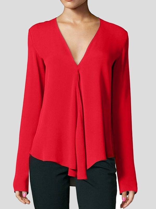 V-neck Long-sleeved Chiffon Solid Blouse - Blouses - INS | Online Fashion Free Shipping Clothing, Dresses, Tops, Shoes - 03/07/2021 - BLO2107031157 - Blouses