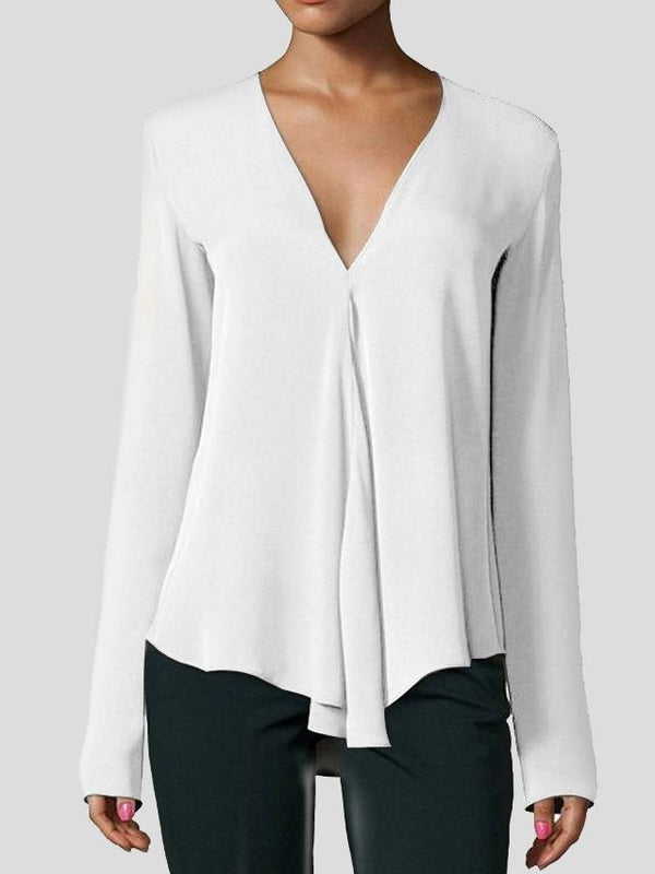 V-neck Long-sleeved Chiffon Solid Blouse - Blouses - INS | Online Fashion Free Shipping Clothing, Dresses, Tops, Shoes - 03/07/2021 - BLO2107031157 - Blouses