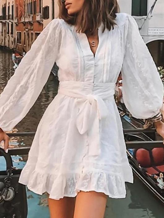 V-Neck Long-Sleeved Elastic Waist Bow Tie Lace Dress - Mini Dresses - INS | Online Fashion Free Shipping Clothing, Dresses, Tops, Shoes - 05/17/2021 - Category_Mini Dresses - Color_White