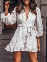 V-Neck Long-Sleeved Elastic Waist Bow Tie Lace Dress - Mini Dresses - INS | Online Fashion Free Shipping Clothing, Dresses, Tops, Shoes - 05/17/2021 - Category_Mini Dresses - Color_White