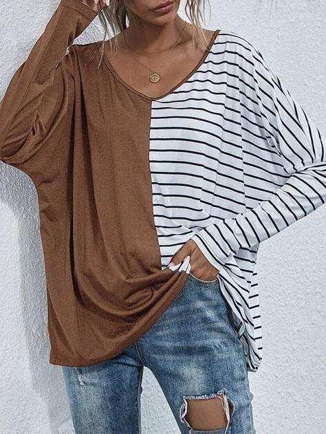 V-neck Long-sleeved Striped Stitching Casual T-shirt - T-shirts - INS | Online Fashion Free Shipping Clothing, Dresses, Tops, Shoes - 20-30 - 20/07/2021 - color-black