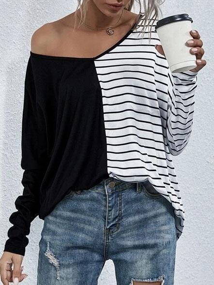 V-neck Long-sleeved Striped Stitching Casual T-shirt - T-shirts - INS | Online Fashion Free Shipping Clothing, Dresses, Tops, Shoes - 20-30 - 20/07/2021 - color-black