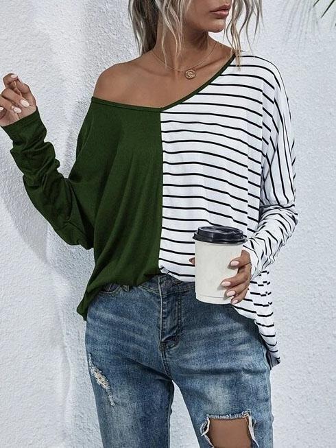 V-neck Long-sleeved Striped Stitching Casual T-shirt - T-shirts - INS | Online Fashion Free Shipping Clothing, Dresses, Tops, Shoes - 20-30 - 20/07/2021 - color-black